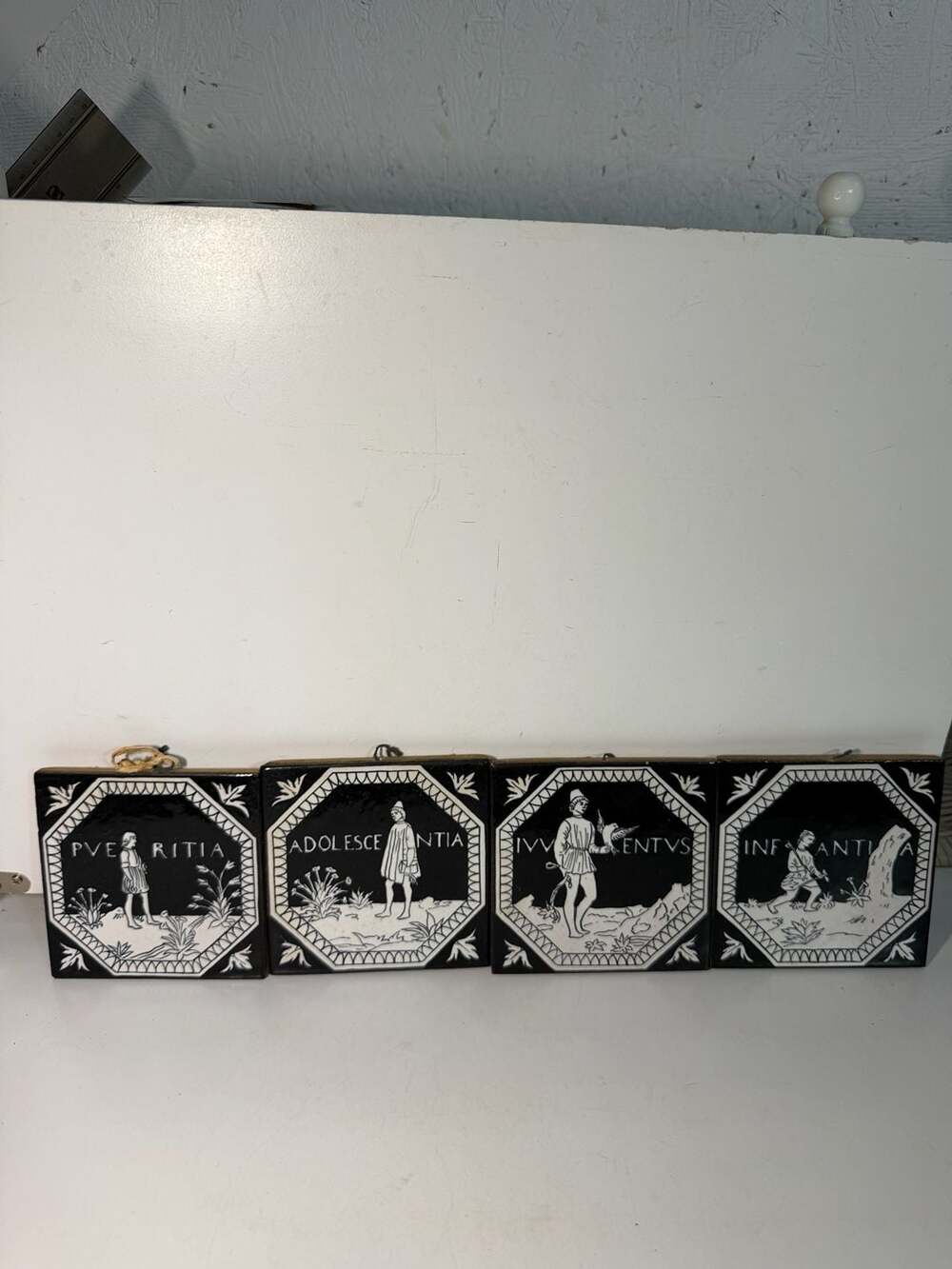 Vintage Set of 4 Black and White Ceramic Decorative Wall Tiles